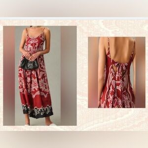 Anthropologie Red, Black, & White Tropic Pattern Maxi Dress/Bow Tied Back /Sz. S